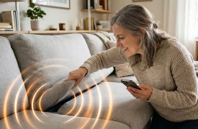 Mujer encontrando la tarjeta Ondrela que suena entre los cojines del sofá