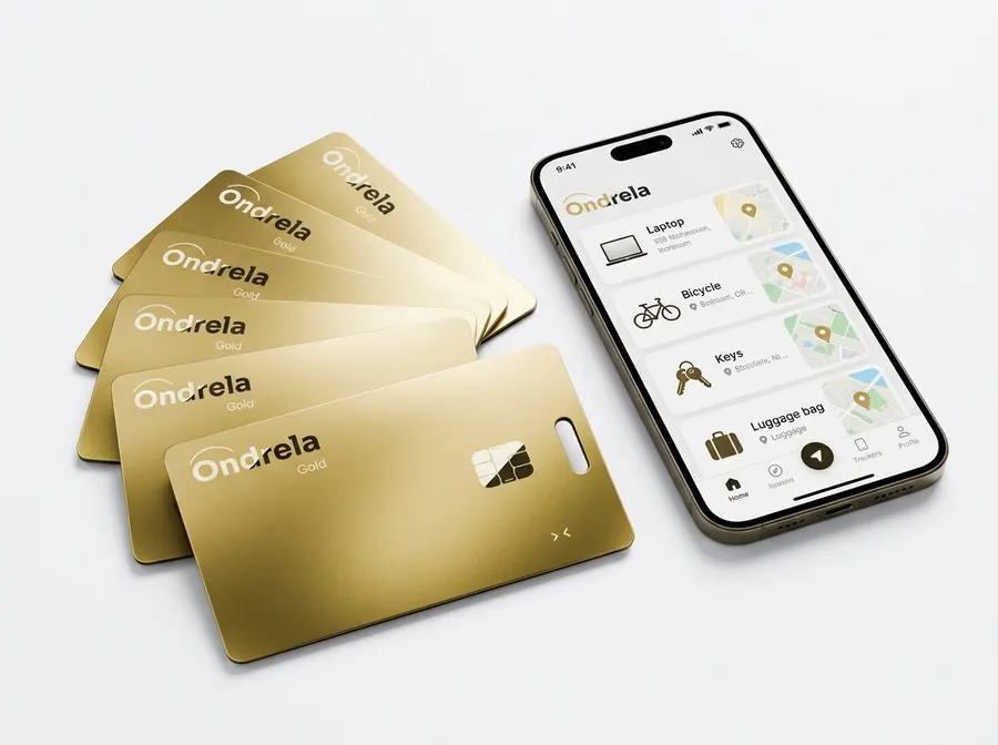 Pack de tarjetas localizadoras doradas Ondrela junto a un móvil que muestra la app de localización